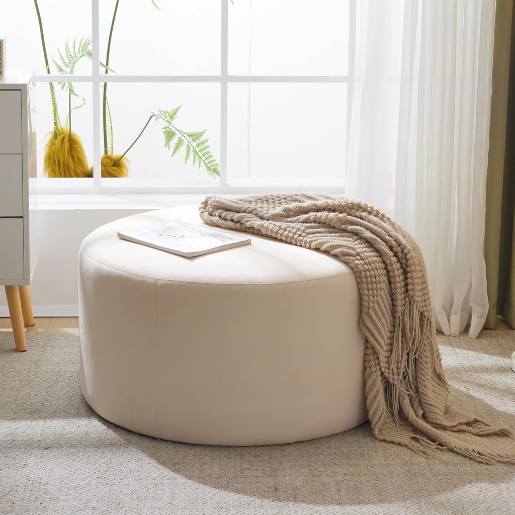 Christopher Knight Home 30" Ottoman Foot Stool Round,Velvet Pouf Footstool Ottoman Seat,Modern Side Table for Living Room Bedroom Home Decor,Cream