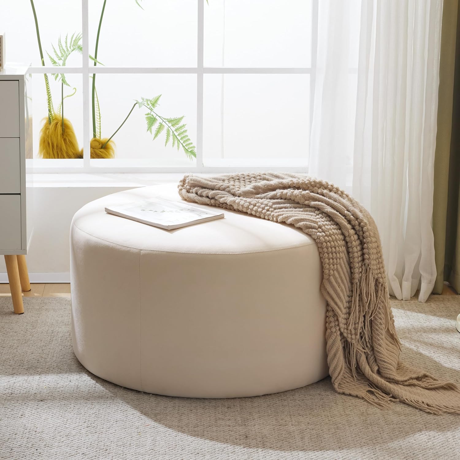Christopher Knight Home 30" Ottoman Foot Stool Round,Velvet Pouf Footstool Ottoman Seat,Modern Side Table for Living Room Bedroom Home Decor,Cream