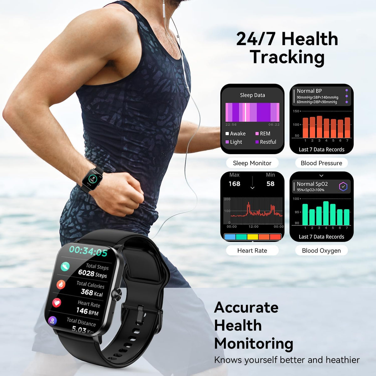 Smart Watch, 1.85" Smartwatch for Men Women (Answer/Make Call), Heart Rate, Sleep Monitor, Pedometer, 120+ Sport Modes Activity Tracker, IP68 Waterproof Fitness Watch for Android iOS（Black）