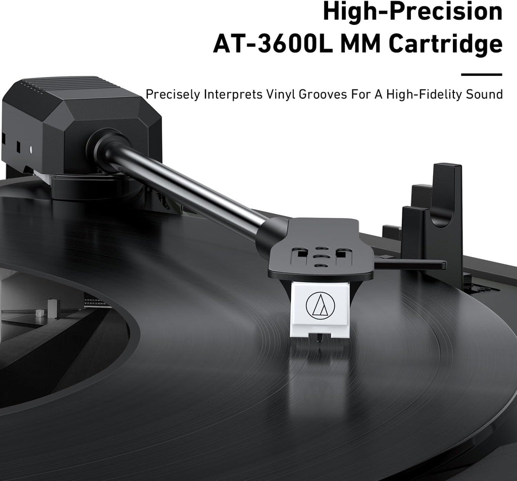 Vertical Automatic Record Player Bluetooth, MYKESONIC Belt Drive Vinyl Turntable, Magnetic AT-3600L Cartridge, Bluetooth in & Out, Hi-Fi Stereo Speakers, Aux in Headphone, RCA Out, Anti-Resonance