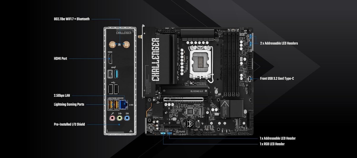 ASRock B860M Challenger WiFi mATX Motherboard, Intel Core Ultra (Series 2), DDR5 8666+ (OC), PCIe 5.0, 2.5G LAN, WiFi 7, Dr.MOS