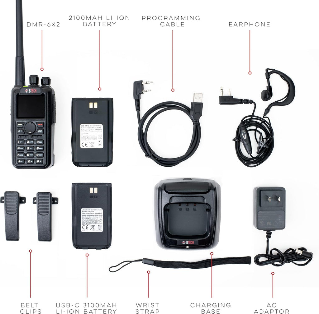 BTECH DMR-6X2 DMR & Analog Dual Band Two-Way Radio (USB-C Battery) – 7W VHF/UHF (136-174MHz & 400-480MHz), Encryption, GPS, Talker Alias, APRS, Voice Recording, includes Accessory Kit with 2 Batteries