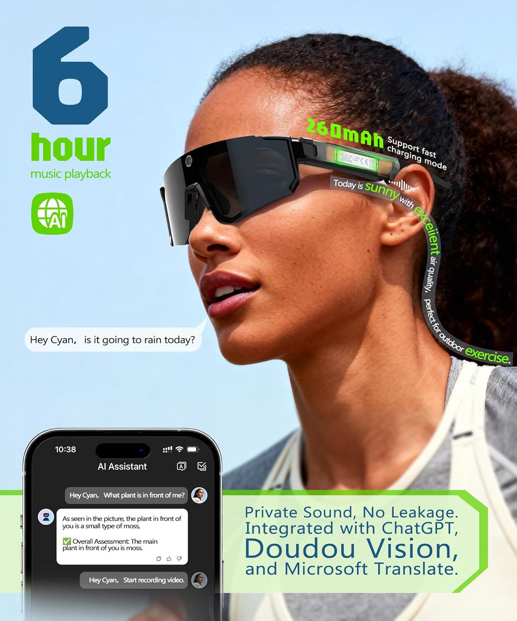 AI Ultra Pro Smart Glasses: 4K Wearable Camera with 6-Axis EIS Stabilization, ChatGPT-4o Voice Assistant, IP66 Waterproof Sport Sunglasses, Dual-Mic ENC Noise Cancelling, Obsidian Gray