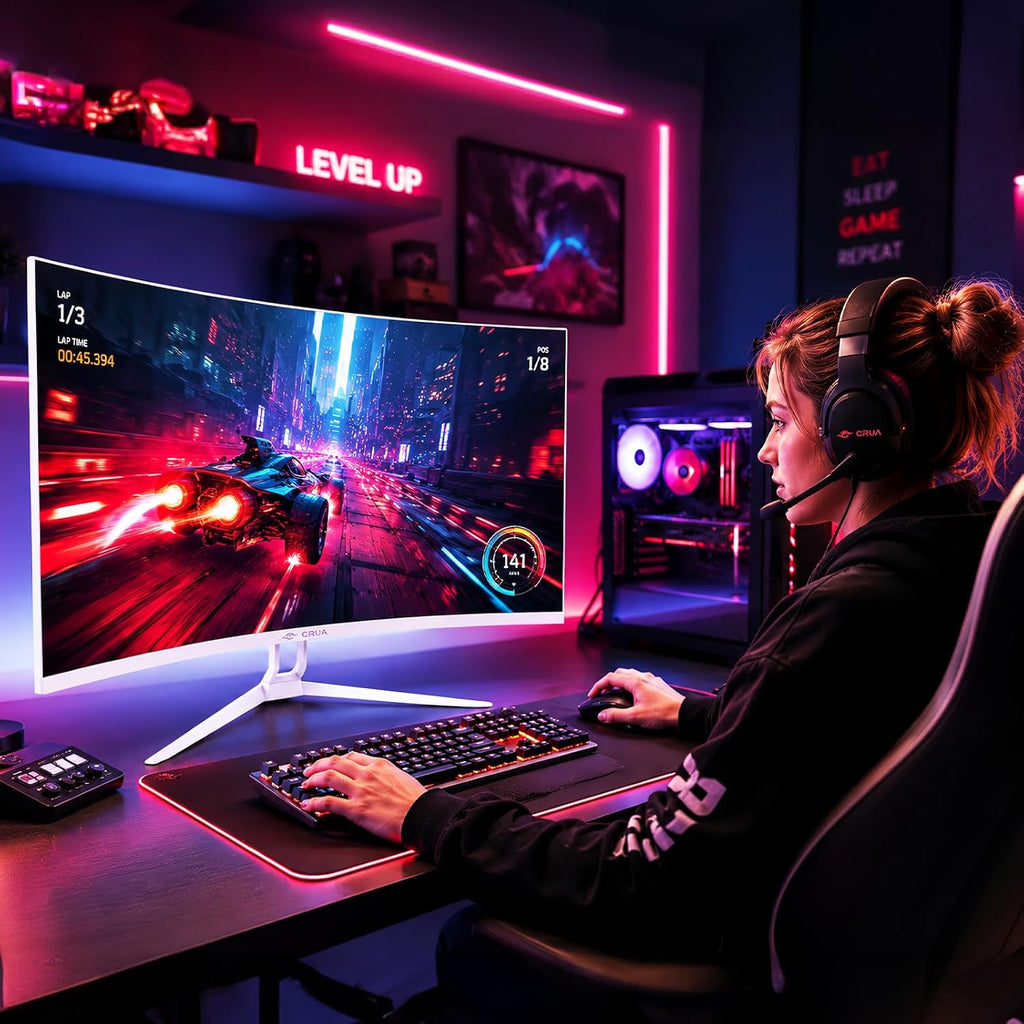 CRUA 32" Curved Gaming Monitor, 4K UHD 3840x2160, 240Hz VA Display, 1500R, AMD FreeSync, 120% sRGB, Built-in Speakers, HDMI 2.1 & DP 1.4, Wall Mountable White PC Monitor for Gaming, Streaming & Work