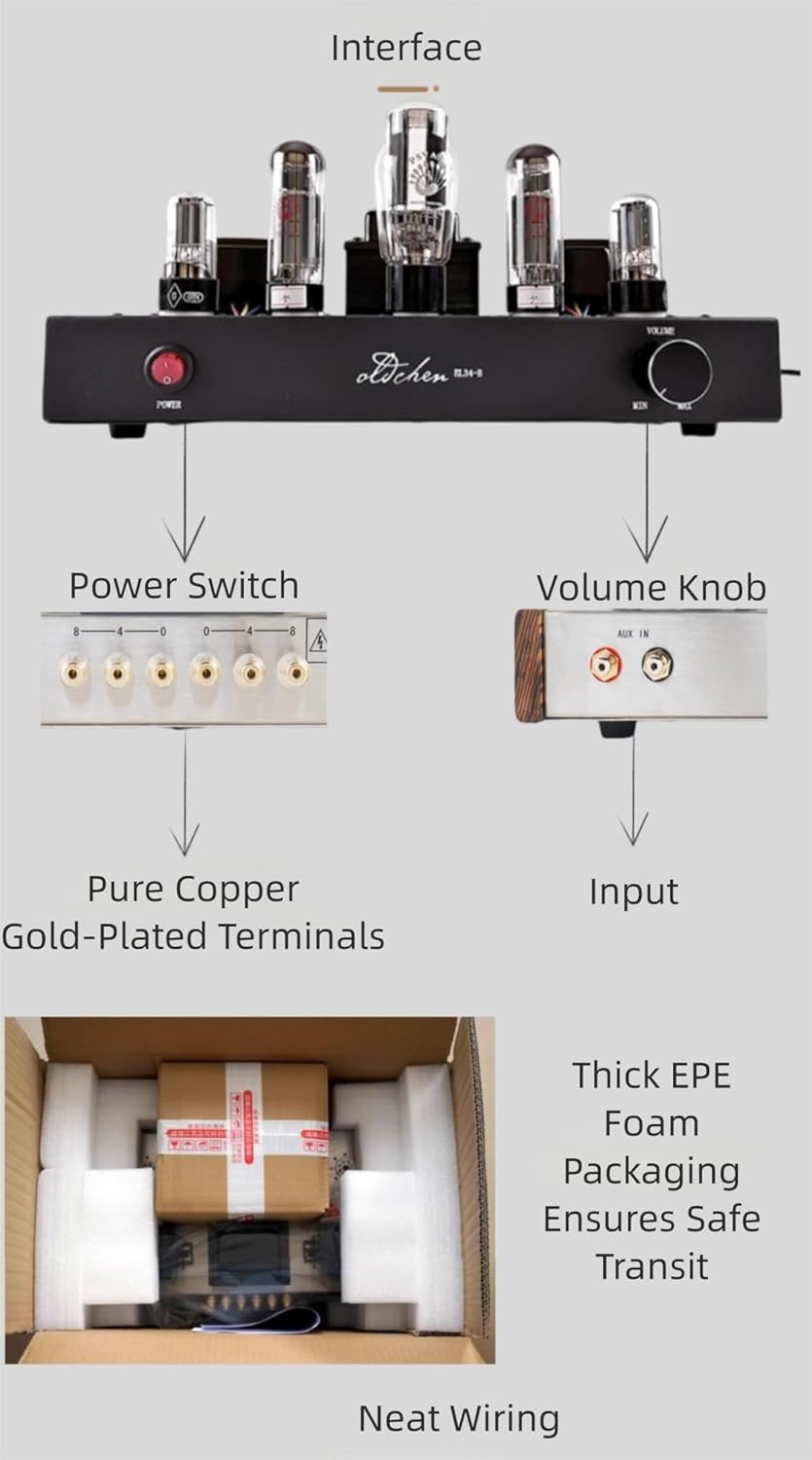 Oldchen EL34 Single-Ended Class A Tube Amplifier, Hand-Wired Point-to-Point HiFi Integrated Amplifier for Home Audio, Home Theatre Vacuum Tube Power Amplifier 10W, Black