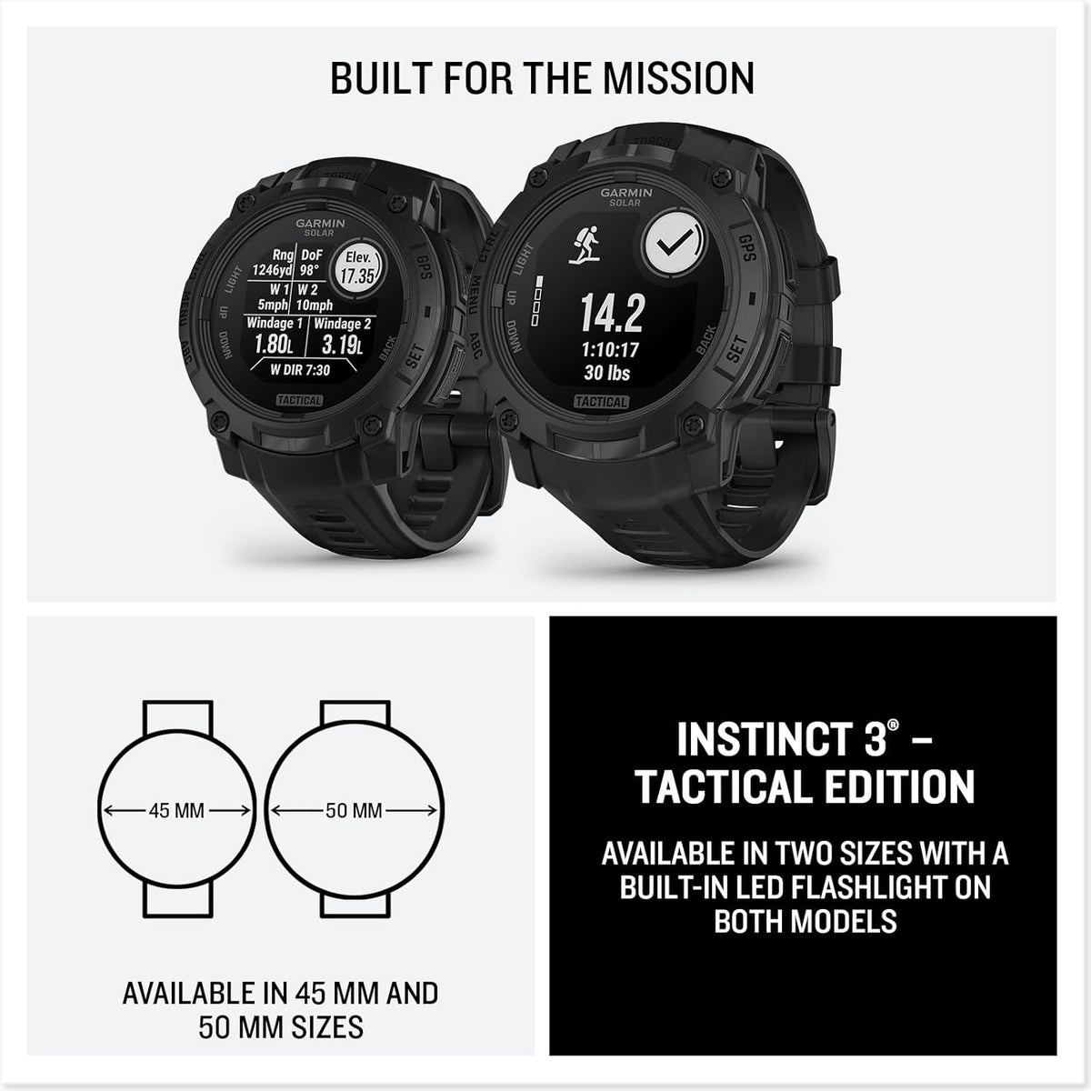 Garmin Instinct 3 Tactical Edition, Solar Charged 50mm Display, Outdoor Rugged GPS Smartwatch Bundle with USB Wall Charger + Microfiber Cleaning Cloth