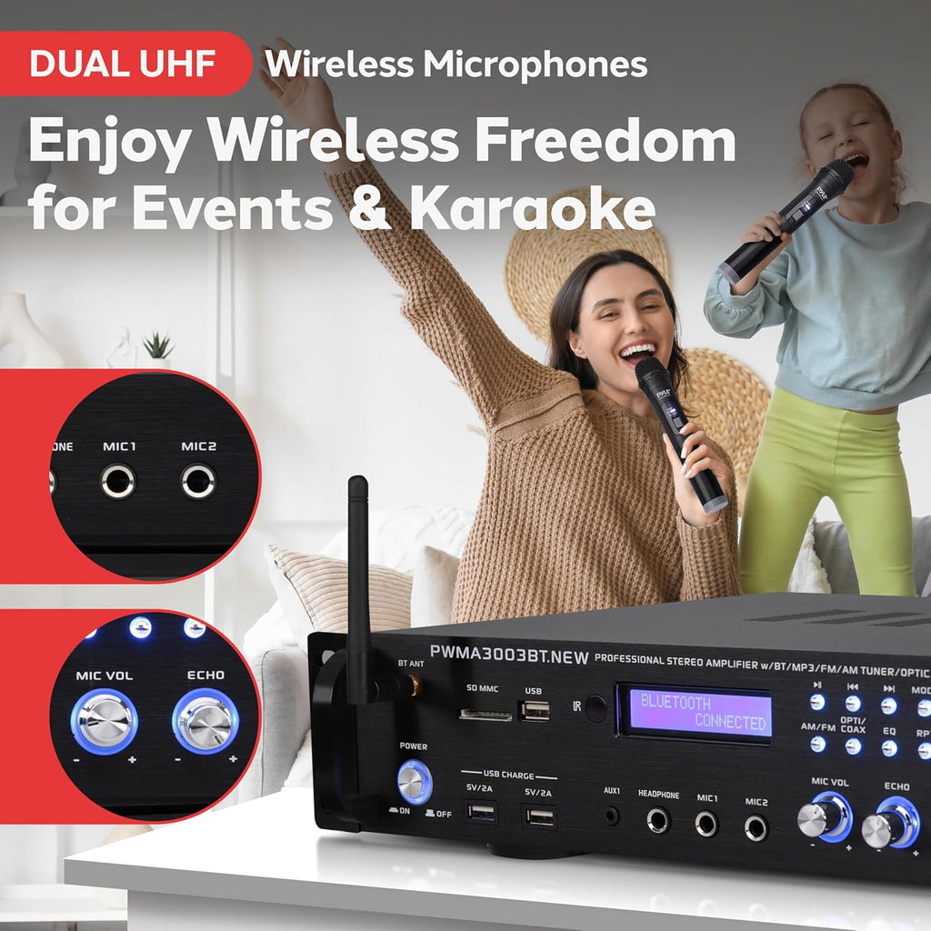 Pyle Bluetooth Home Audio Power Amplifier -4 Ch. 3000W, Stereo Receiver w/Speaker Selector, FM Radio, USB, Headphone, 2 Wireless Mics for Karaoke, Great for Home Entertainment System - PWMA3003BT.NEW