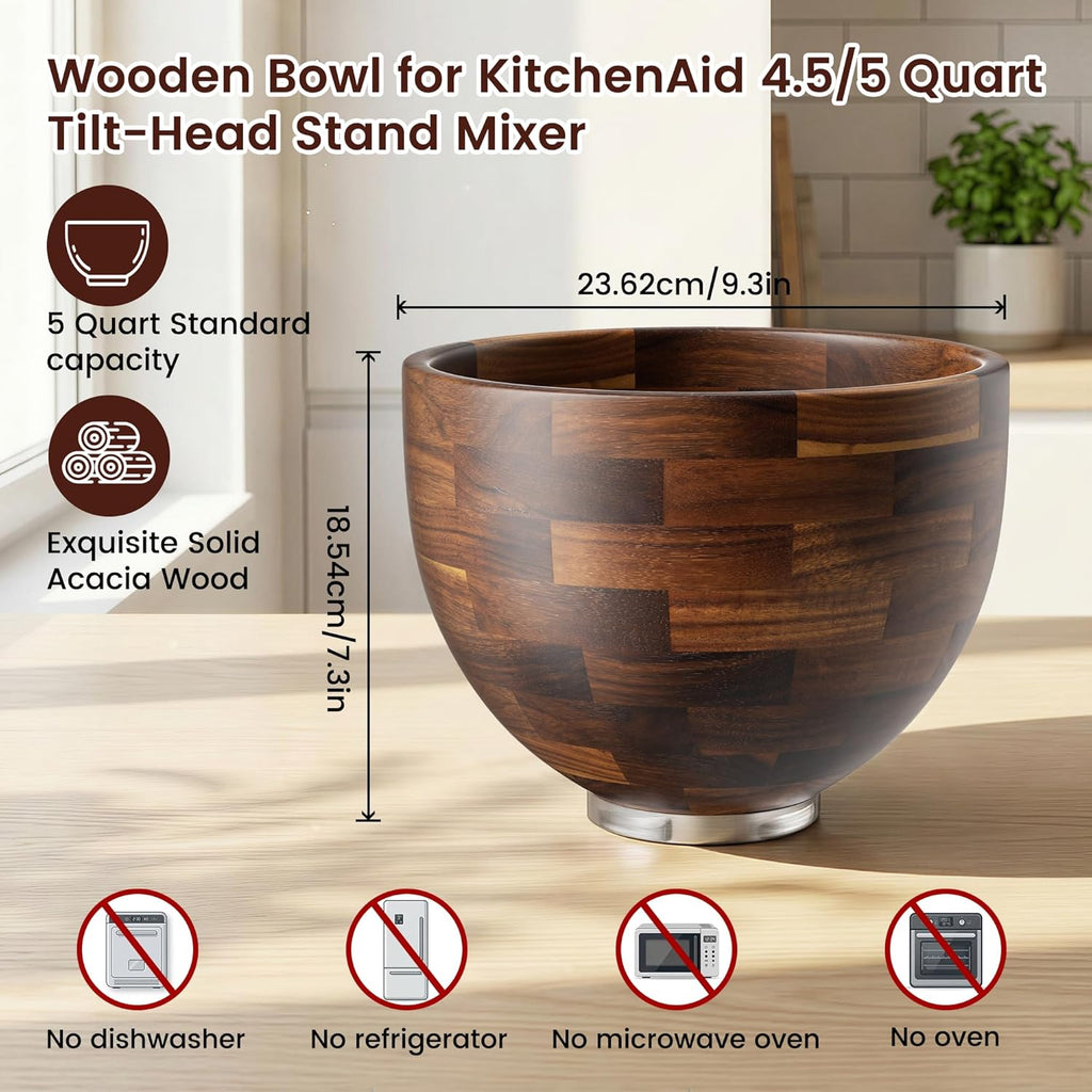 KitchenAid 5 QT Solid Acacia Wood Mixing Bowl for 4.5 & 5 Quart Tilt-Head Stand Mixers with Locking Steel Base, Warmer & Quieter Replacement Bowl for Baking & Dough, Kitchen Gift Idea