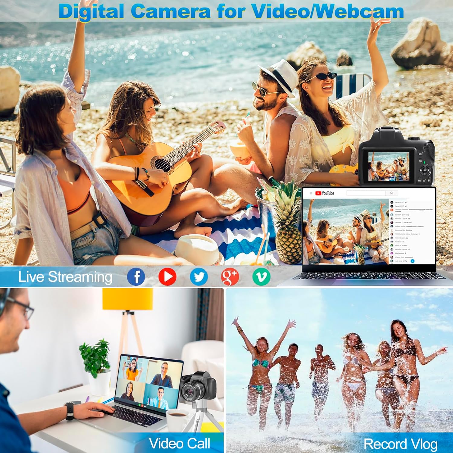 4K Digital Camera for Photography with WiFi, 10X Optical Zoom Vlogging Camera for YouTube 64MP Autofocus Compact Camera with 64GB SD Card 2 Batteries, USB Card Reader & Charging Stand Videorecorders