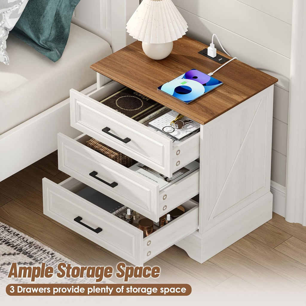 Akxomel Farmhouse Nightstand with Charging Station, 22" Wide Bedside Table with 3 Large Drawers & Bar Handles, Side End Table with Stable Support Base, for Bedroom, Off White
