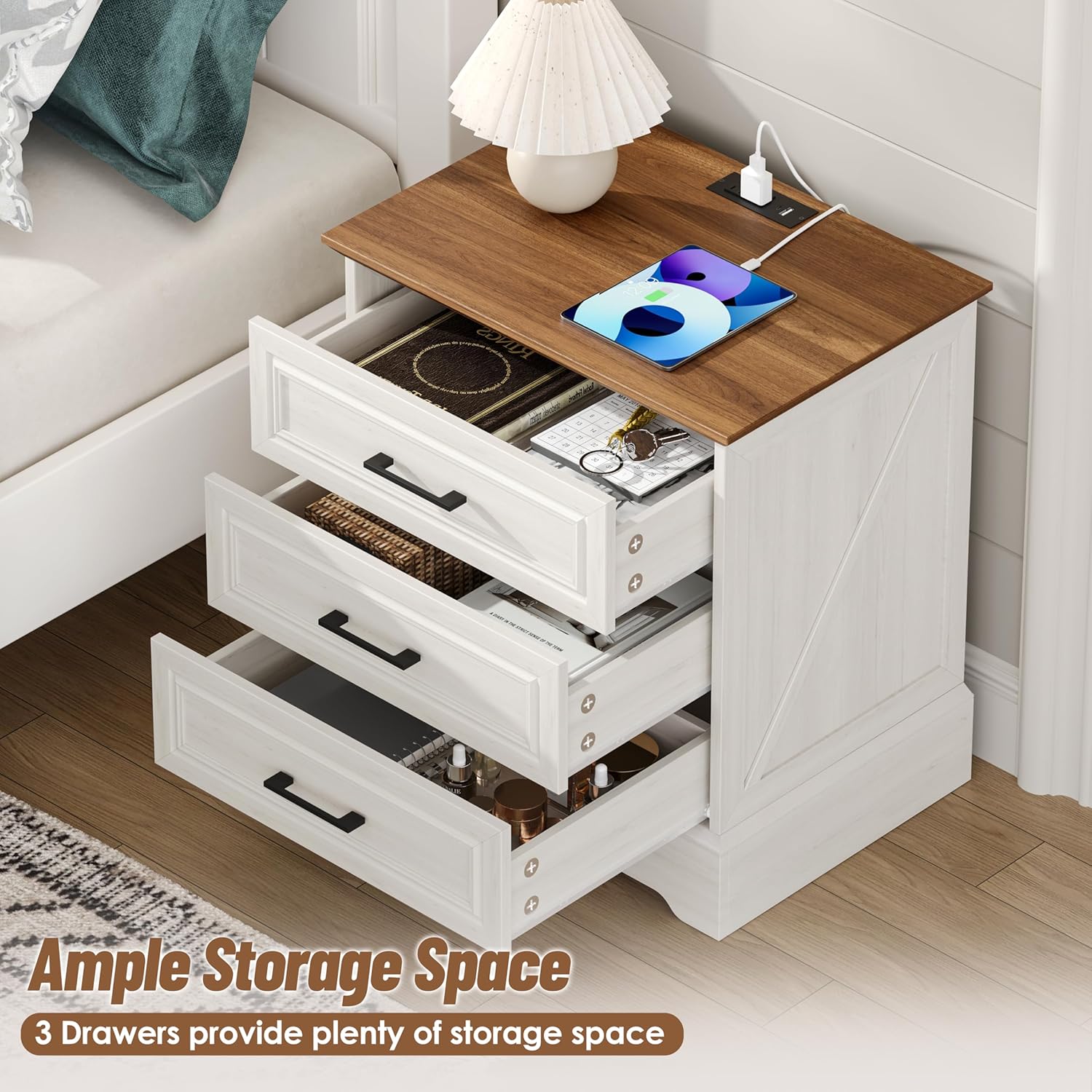 Akxomel Farmhouse Nightstand with Charging Station, 22" Wide Bedside Table with 3 Large Drawers & Bar Handles, Side End Table with Stable Support Base, for Bedroom, Off White