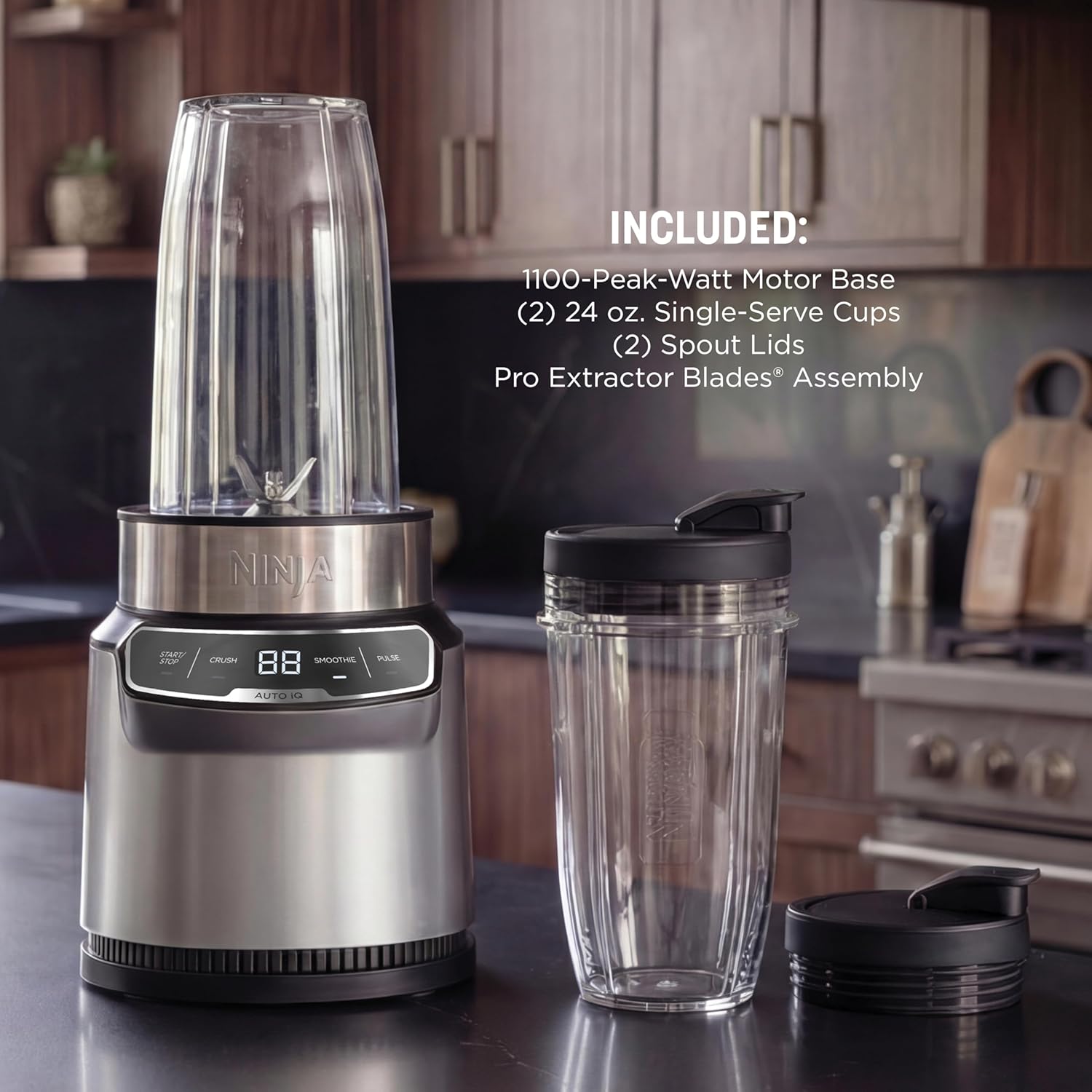 Ninja Nutri-Blender Pro with Auto-iQ | For Smoothies, Shakes, Frozen Drinks, Salsa, Dips | (2) 24-oz. To-Go Cups & Spout Lids | 1100-Peak-Watt | Silver | BN401