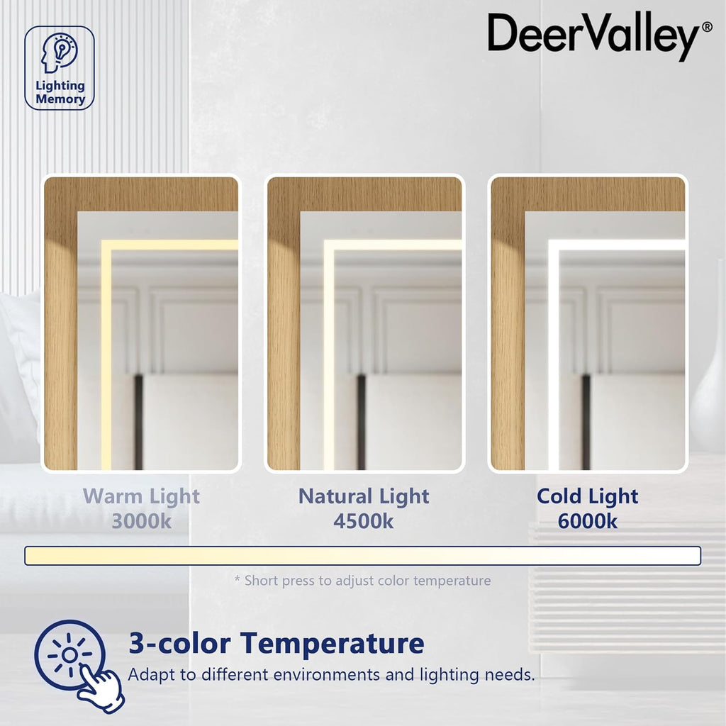 DeerValley 24" W x 36" H Led Lighted Medicine Cabinet with Mirror, Bathroom Medicine Cabinet with Defogger & 3-Color, Wall Mounted Mirrored Medicine Cabinets with Lights