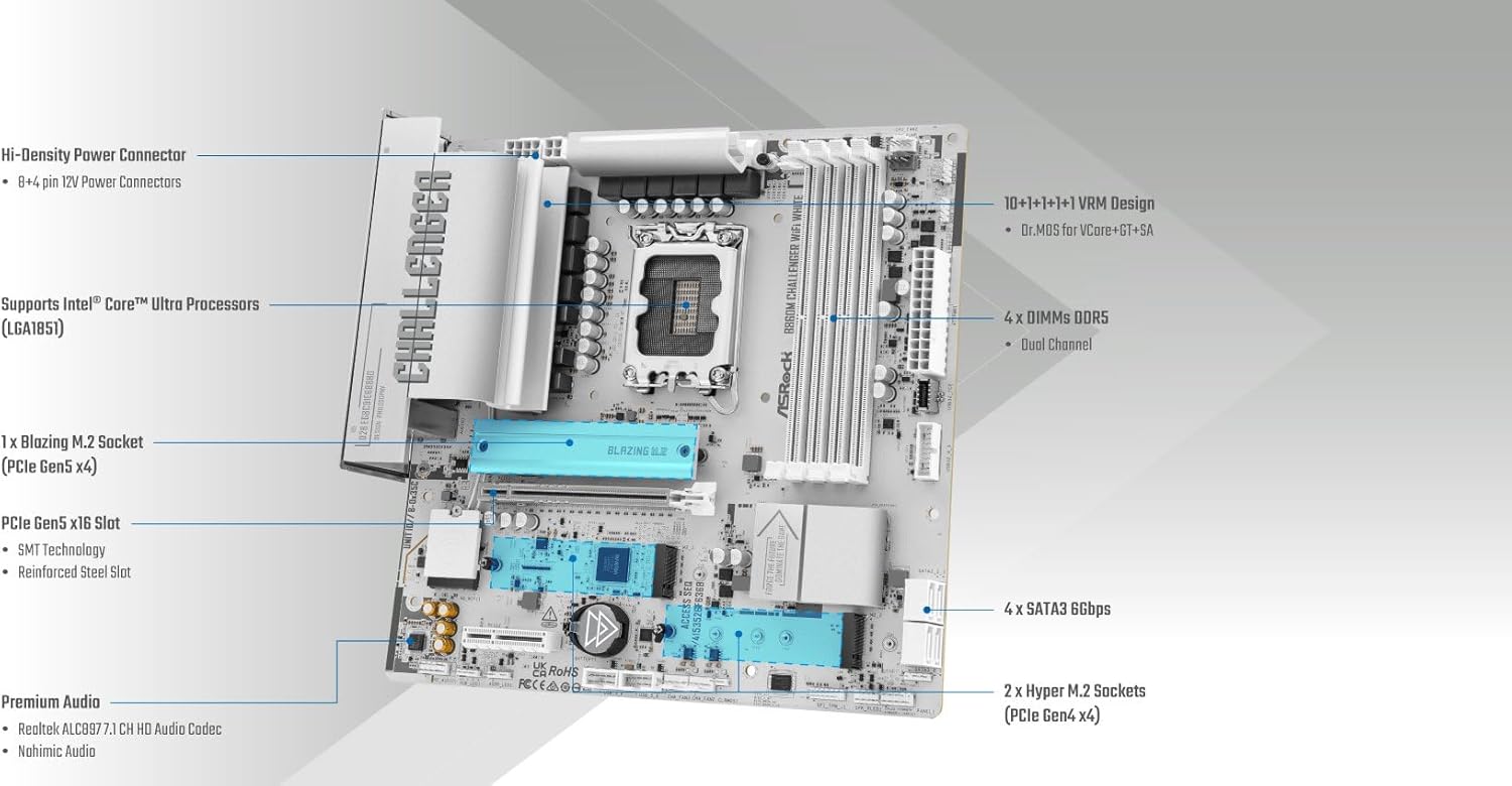 ASRock B860M Challenger WiFi White mATX Motherboard, Intel Core Ultra (Series 2), DDR5 8666+ (OC), PCIe 5.0, 2.5G LAN, WiFi 7, Dr.MOS