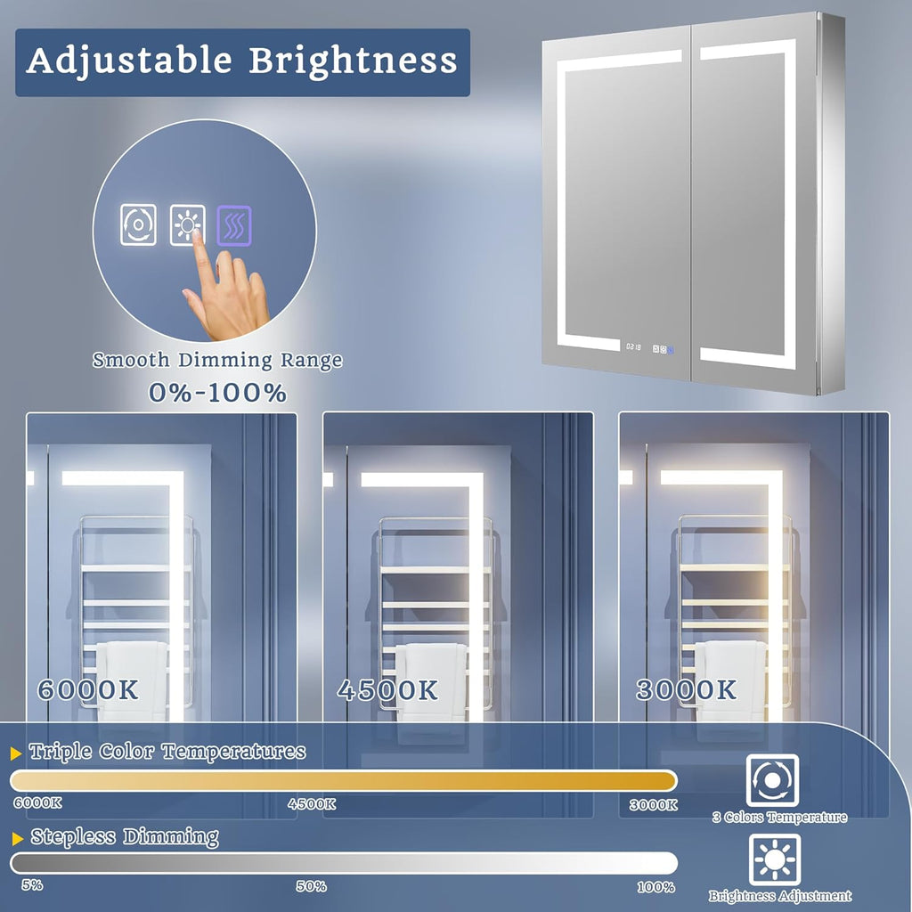 ExBrite Lighted Medicine Cabinet 36 x 36 Inch,Recessed or Surface led Medicine Cabinet, Clock&Room Temp Display,Defog,Dimming,Medicine Cabinet with Lights 3-Color Temper Change,Door Wide Open