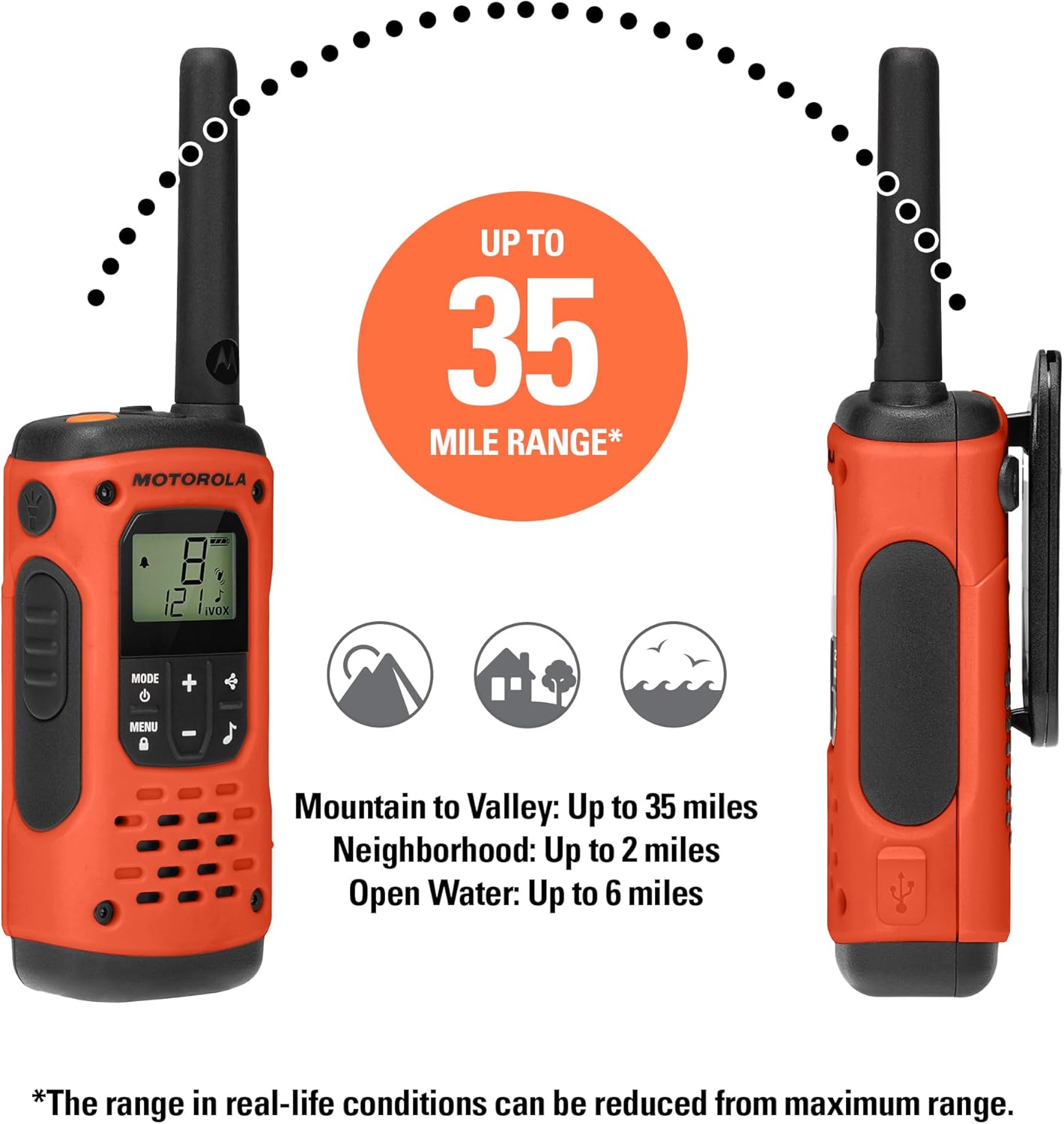 Motorola Solutions, Portable FRS, T605_H2O, Talkabout, Two Way Radios Waterproof Walkie Talkie Emergency Preparedness, Rechargeable, 22 Channel, 35 Mile, Orange W/Black, 2 Pack