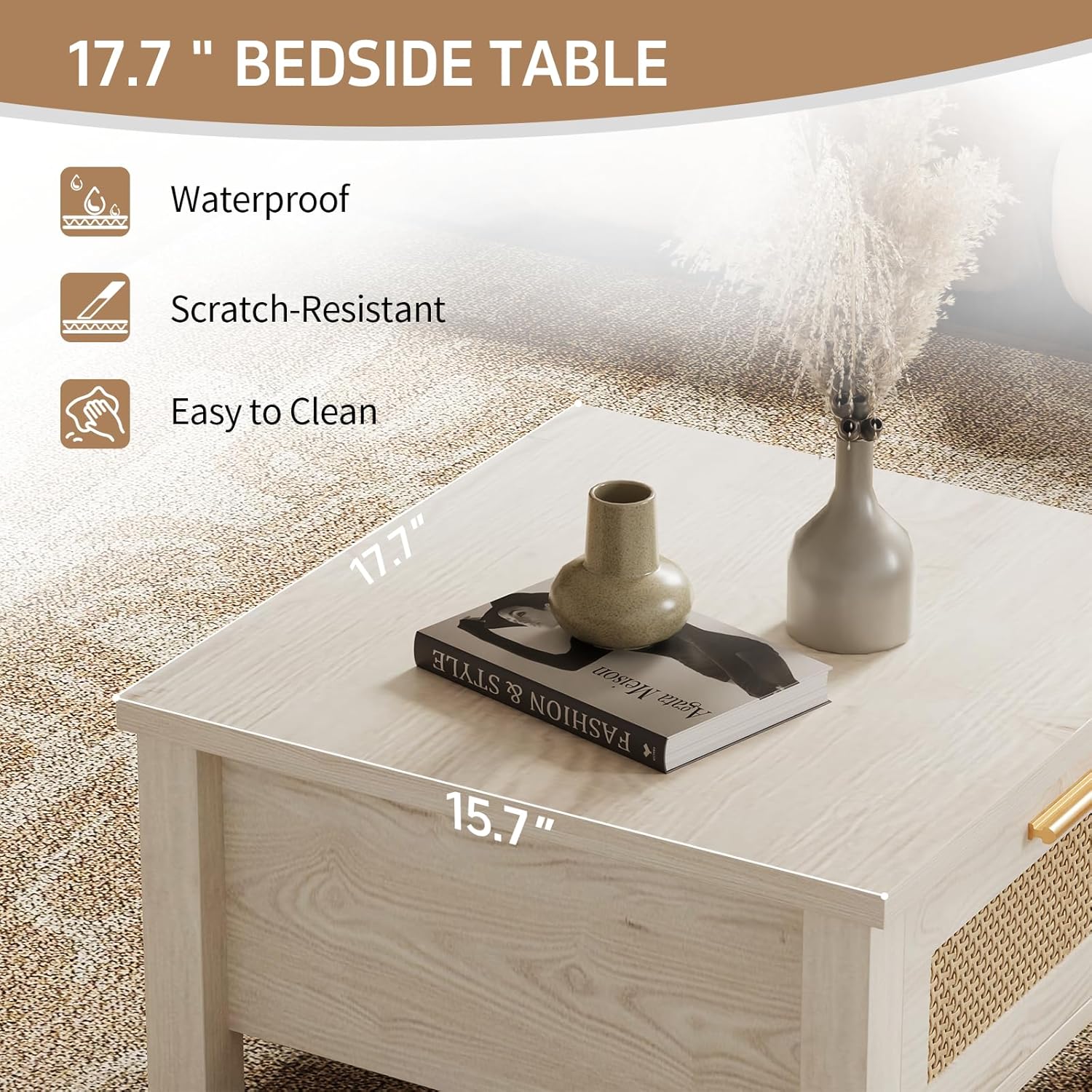 Set of 2 Nightstands, Modern End Table with Drawer and Storage Shelf, Rattan Night Stand for Bedroom Small Spaces, White Cream