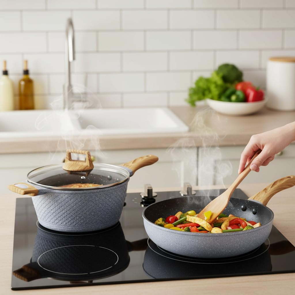 Nutrichef 22-Piece Cookware and Bakeware Set | Professional Home Kitchen Collection with Multi-Sized Pots, Pans, Non stick and Heat-Resistant Tools (Moon Grey Marble)