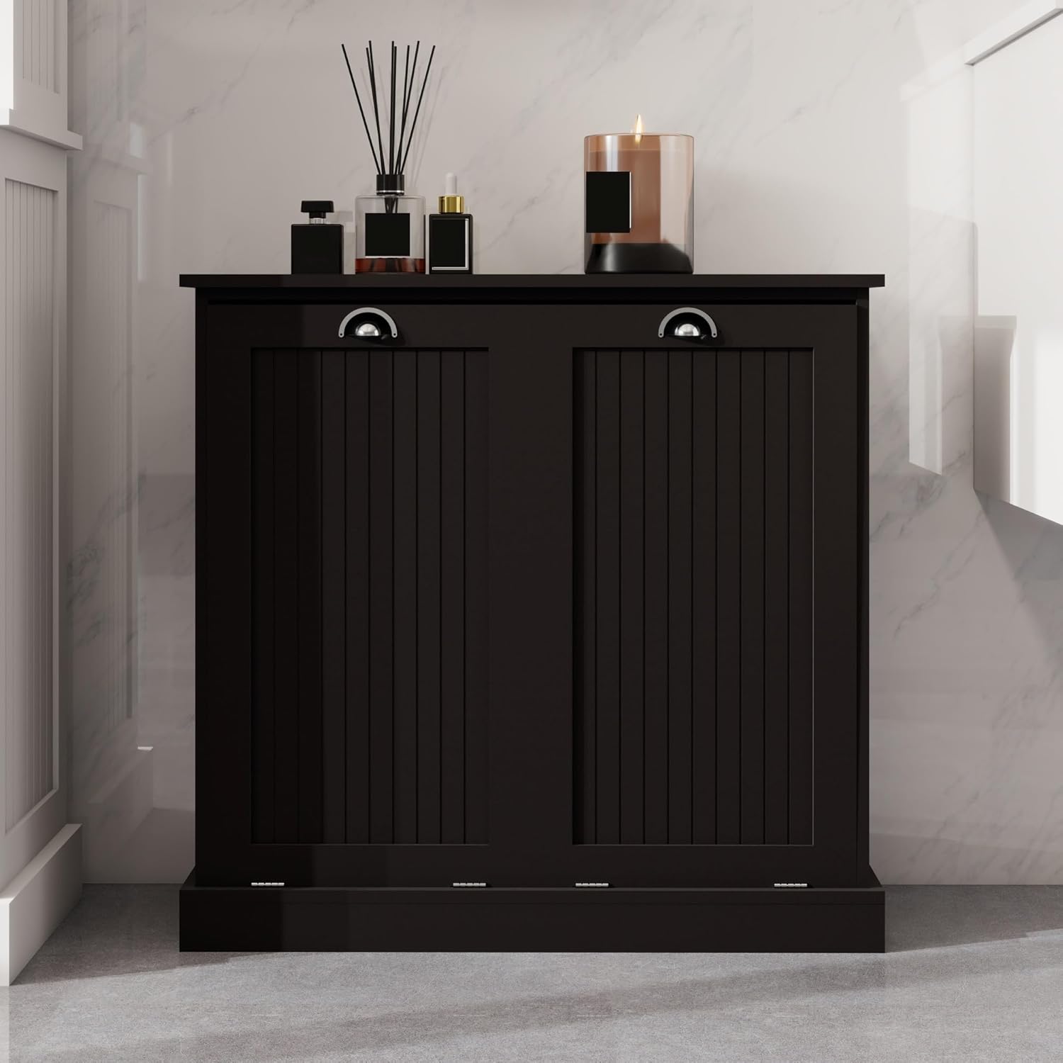 Contemporary Storage Cabinet, Two-Compartment Tilt-Out Laundry Sorter Cabinet, for Bathroom Hallway,for The Kitchen