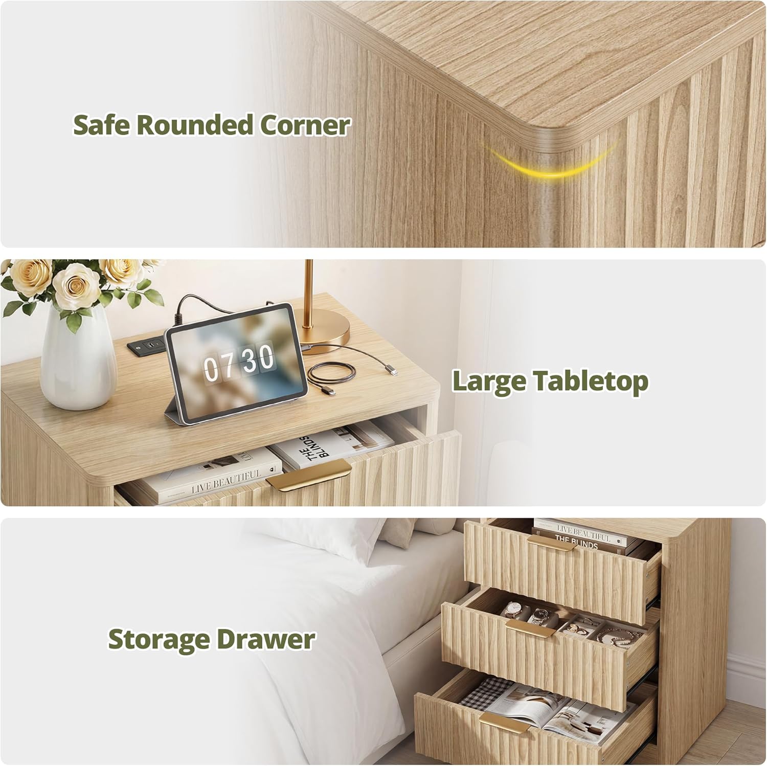 IRONCK Fluted Night Stand Set of 2, 22" Modern Nightstand with Charging Station & 3 Drawers, Bedside Table for Bedroom, Natural Oak