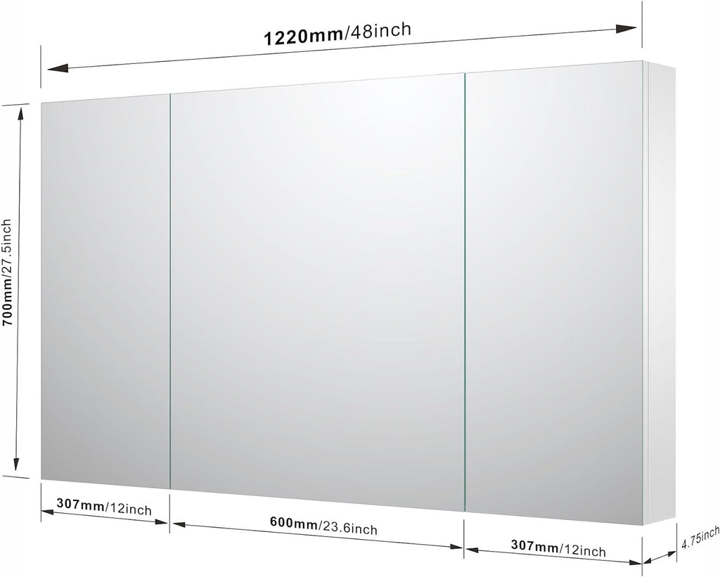 Sunrosa Aluminum Bathroom Medicine Cabinet with Mirror Door, 48" x 27.5", 3-Door Wall-Mounted & Recessed Bathroom Medicine Cabinet Organizer