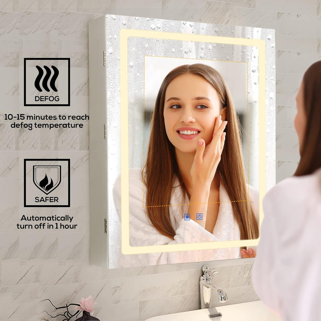 VOWNER Anti-Fog Lighted Bathroom Medicine Mirror Cabinet, Medicine Cabinet with Mirror and Lights, Dimmable, Adjustable Shelves, Memory 3-Color Mode(Engineered Wood, 24"×32")