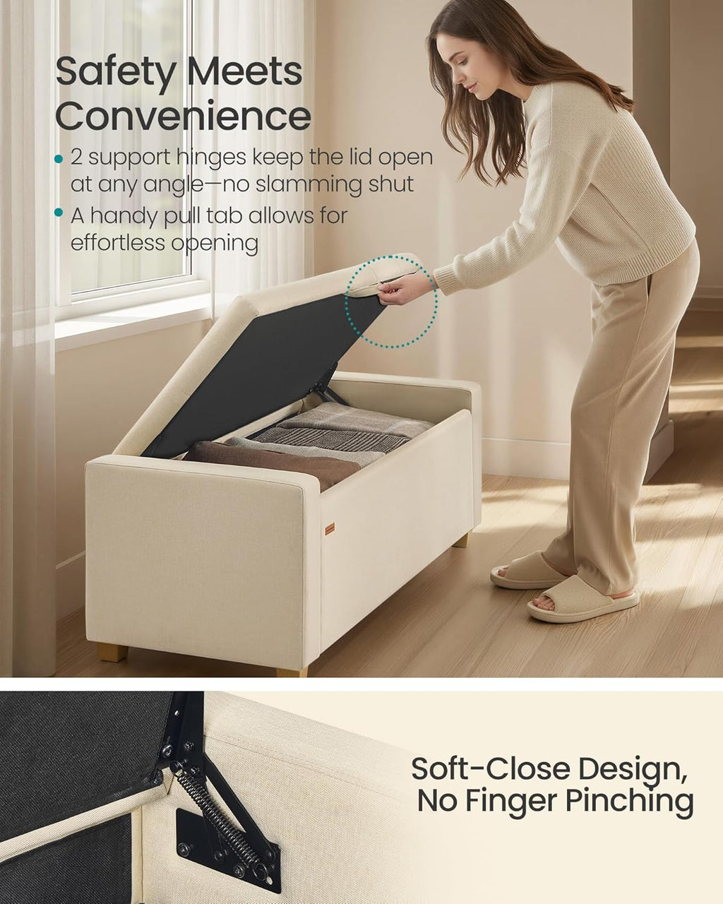SONGMICS Storage Ottoman, Storage Chest Bench with Legs, End of Bed Bench with Safety Hinges, Pull Tab, for Living Room, Bedroom, 19.7 x 47.6 x 16.5 Inches, Linen-Look Fabric, Summer Sand ULOM511LF01