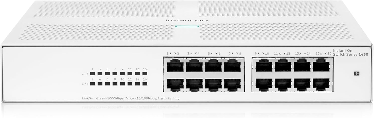 HPE Networking Instant On Switch Series 1430 16-Port Gb Unmanaged Layer 2 Ethernet Switch | 16x 1G | Fan-Less | US Cord (R8R47A#ABA)