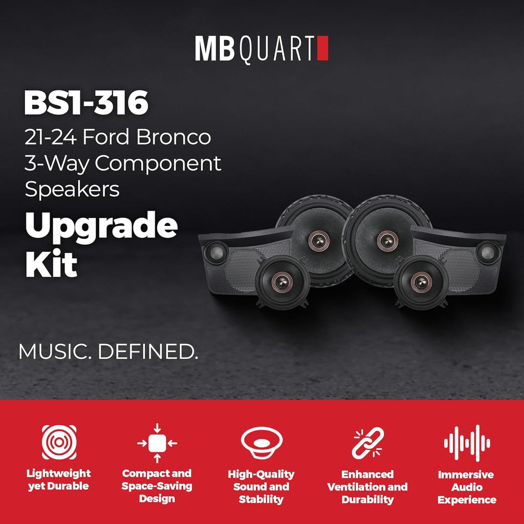 MB Quart Front Dash 3-Way Component Speakers Upgrade Kit for 21-24 Ford Bronco, Tuned Audio Package with 1" Dome Tweeters, 4" and 6.5" Midbass Drivers