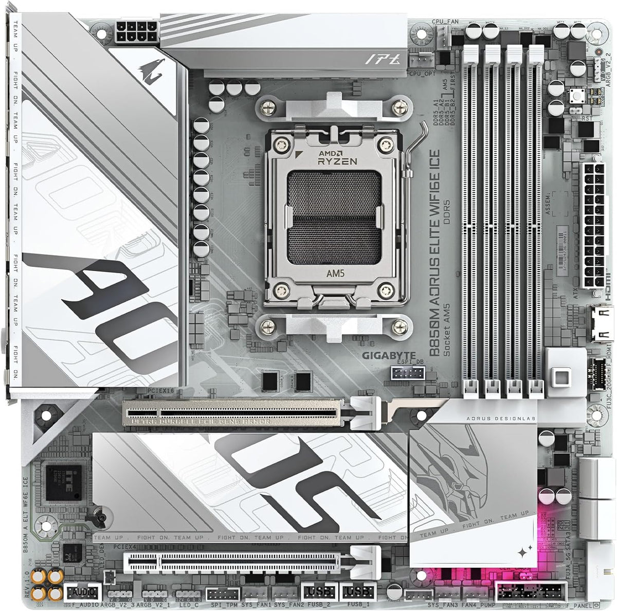 GIGABYTE B850M AORUS Elite WIFI6E ICE AMD AM5 mATX Motherboard, Support AMD Ryzen 9000/8000/7000 Series, DDR5, 12+2+2 Power Phase, 2X M.2, PCIe 5.0, USB-C, WIFI6E, 2.5GbE, EZ-Latch, 5-Year Warranty
