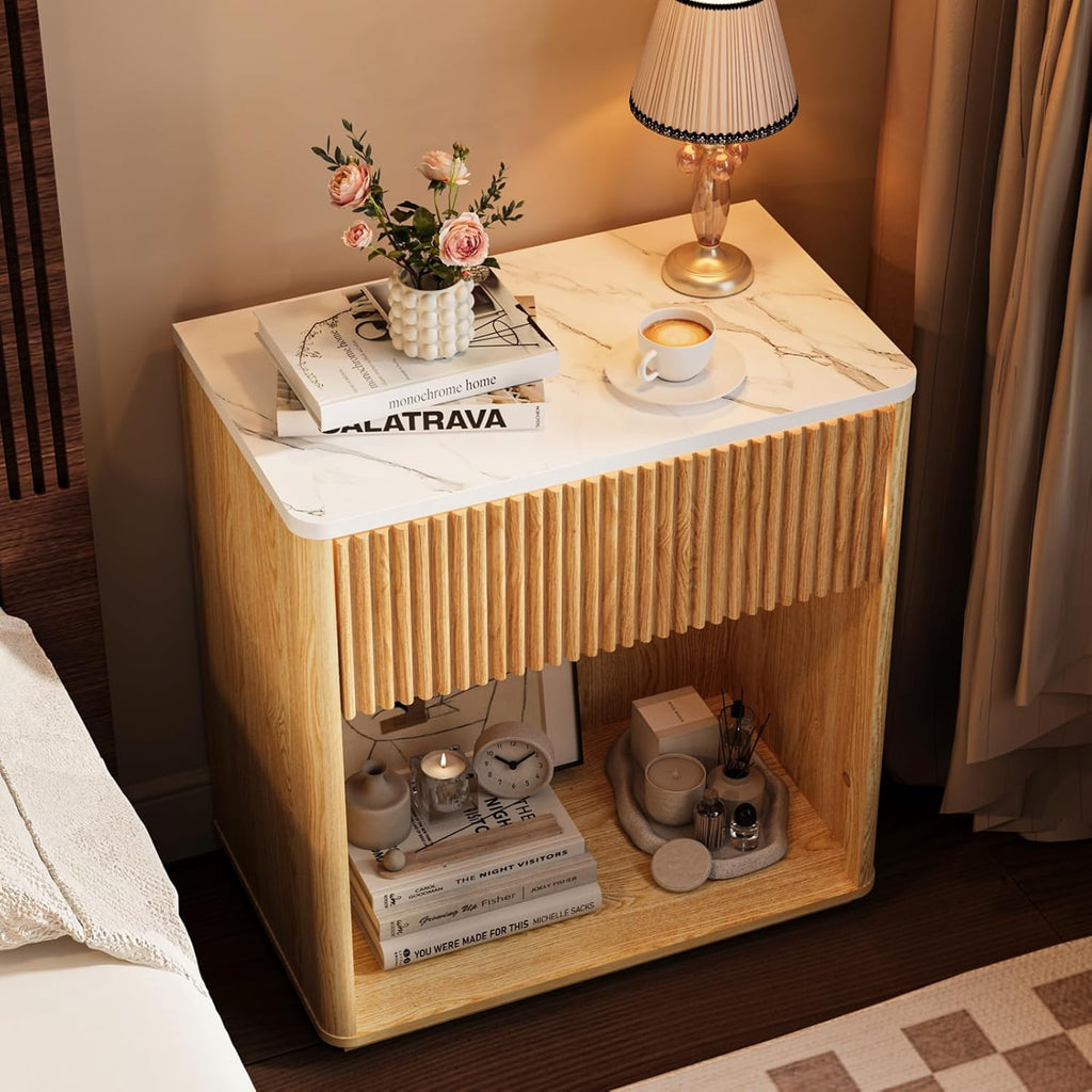 Modern Fluted Nightstand Set of 2 for Bedroom, Mid Century Bedside Table Set with Marble Top & Drawer, Wood End Table, 2 Farmhouse Night Stands for Guest Room, Hallway, Oak