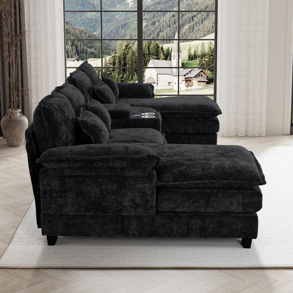 133" Oversized U Shaped Cloud Couch Modular Sectional Couches for Living Room Comfy Chenille Deep Seat Sofa Set with Double Chaise Lounge, Storage Central Console, Cup Holders, USB Port, Dark Black