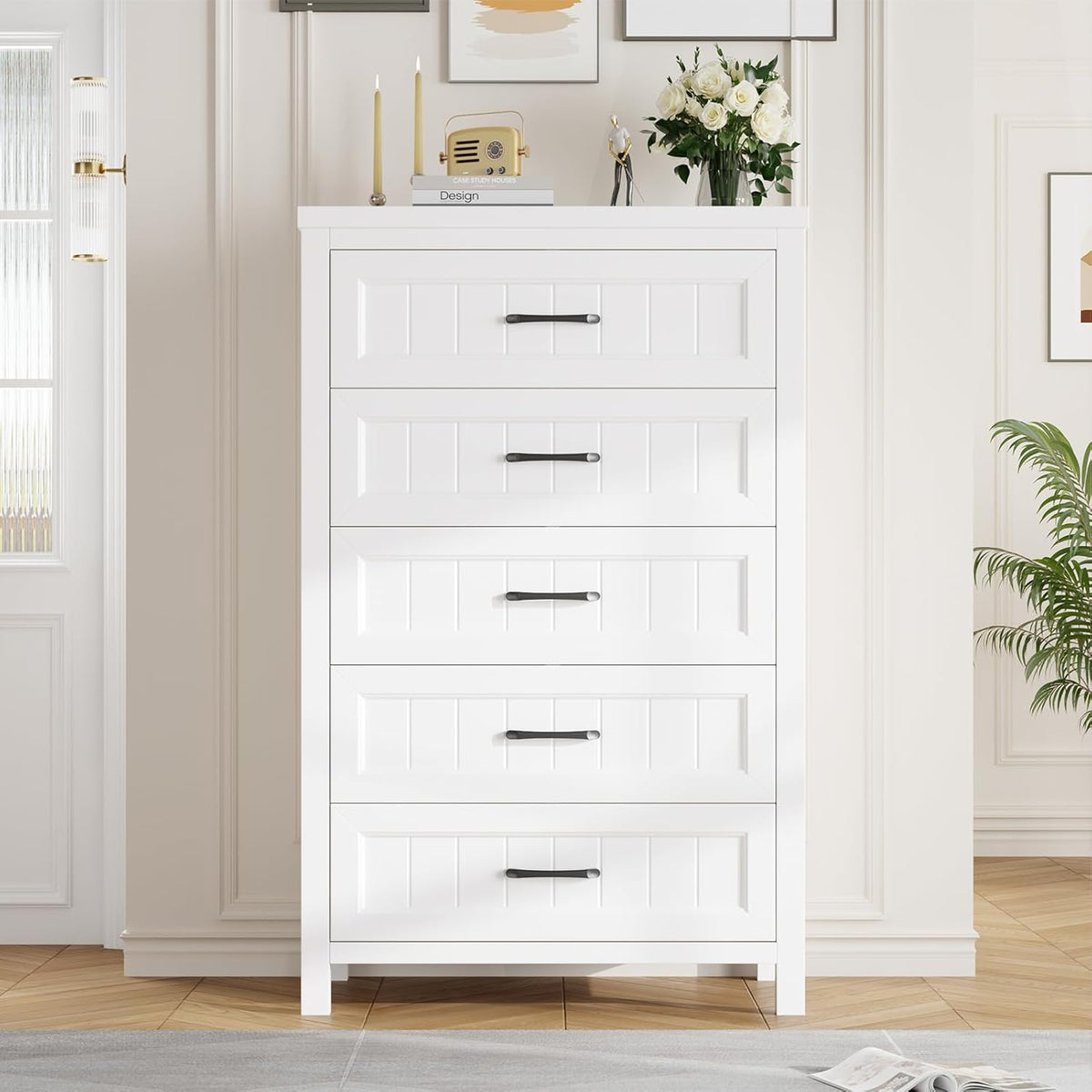 Jocoevol 5 Drawer Dresser for Bedroom - Farmhouse 44.9" Tall Chest of Dresser with Large Storage, Rubst Wood Construction for Living Room, Hallway & Entryway - White