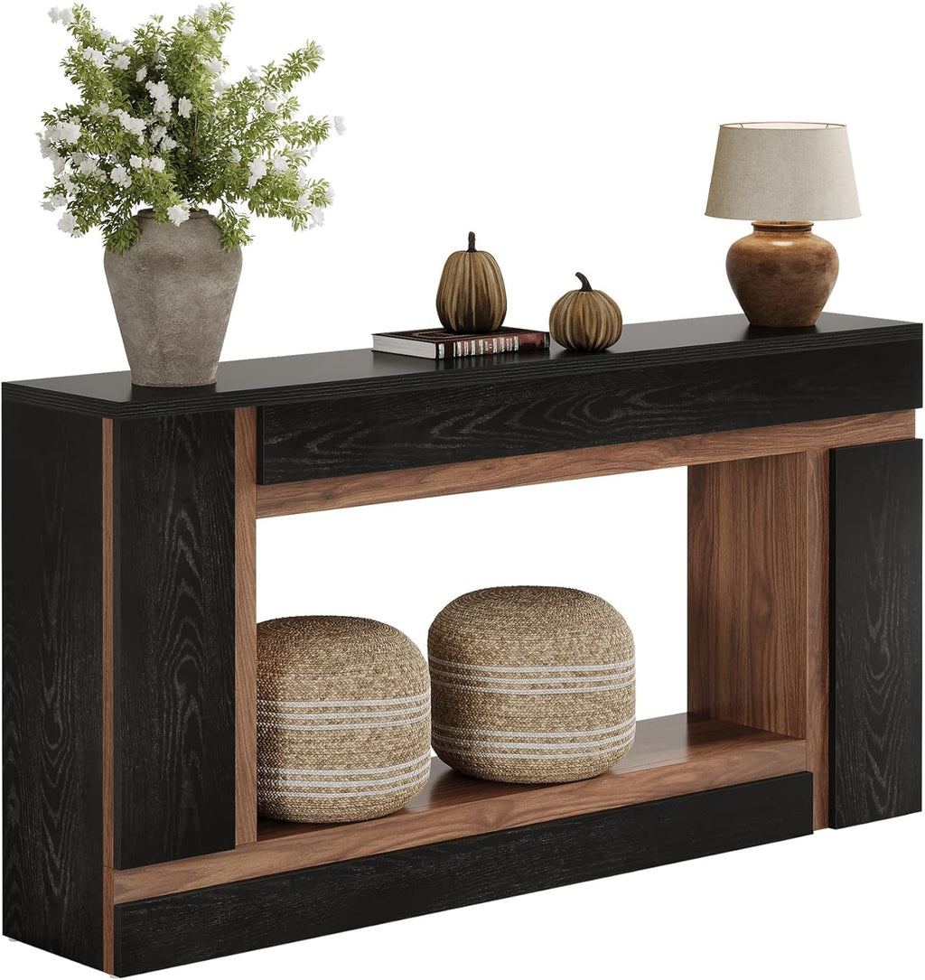 Tribesigns 63-Inch Long Console Table for Entryway, 2-Tier Narrow Wooden Rectangular Sofa Table Behind Couch for Hallway, Entrance, Foyer, Front Door, Living Room, Black & Walnut