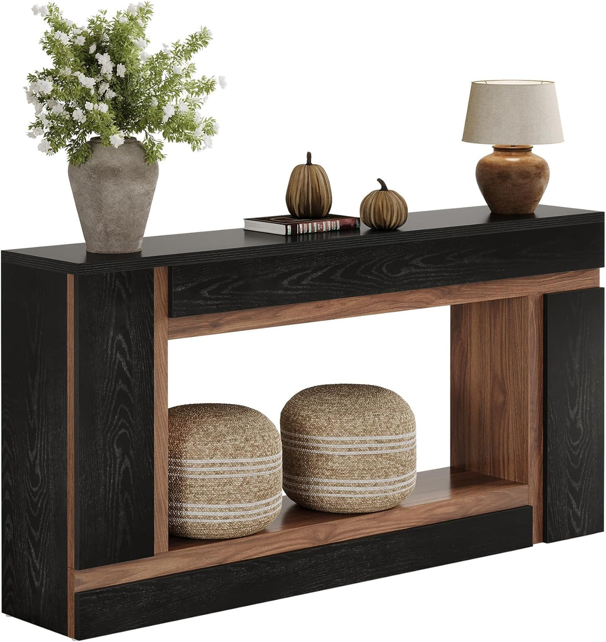 Tribesigns 63-Inch Long Console Table for Entryway, 2-Tier Narrow Wooden Rectangular Sofa Table Behind Couch for Hallway, Entrance, Foyer, Front Door, Living Room, Black & Walnut