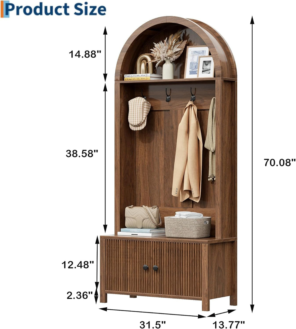 Hall Tree with Bench and Shoe Storage, 4-in-1 Mudroom Entryway Coat Rack & Shoe Storage Cabinet with 4 Hooks, Farmhouse Style Furniture Organizer for Hallway, Foyer, Walnut