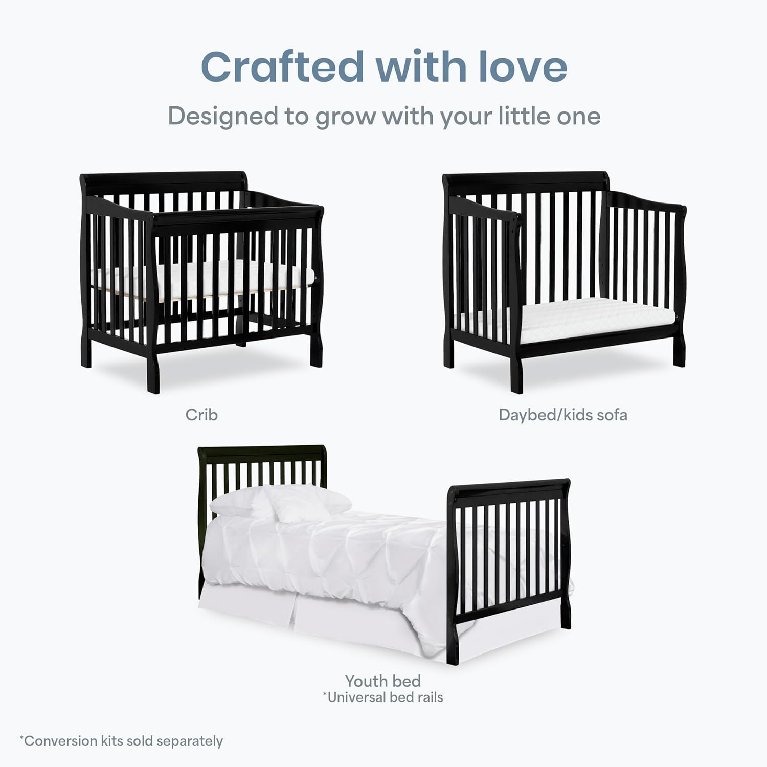 Dream On Me Aden 4-in-1 Convertible Mini Baby Crib, GREENGUARD Gold & BSA Certified, Sustainable Pinewood, Non-Toxic Finish, 3 Mattress Heights, Converts to Mini Day & Twin-Size Bed - Black