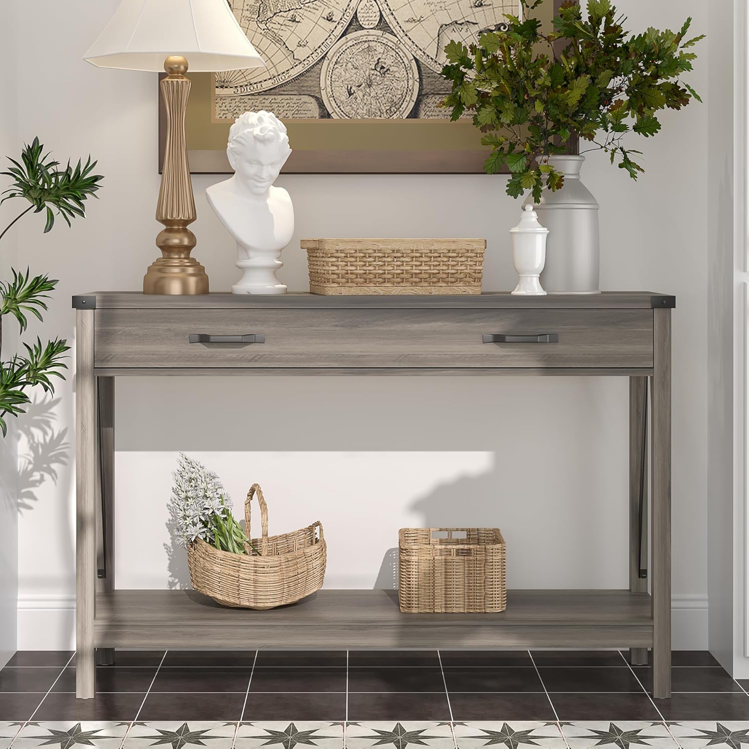 ChooChoo 47'' Farmhouse Console Table with Drawer, Entryway Table with Storage Shelf, Rustic A-Design Sofa Table for Hallway, Entrance, Living Room, Grey