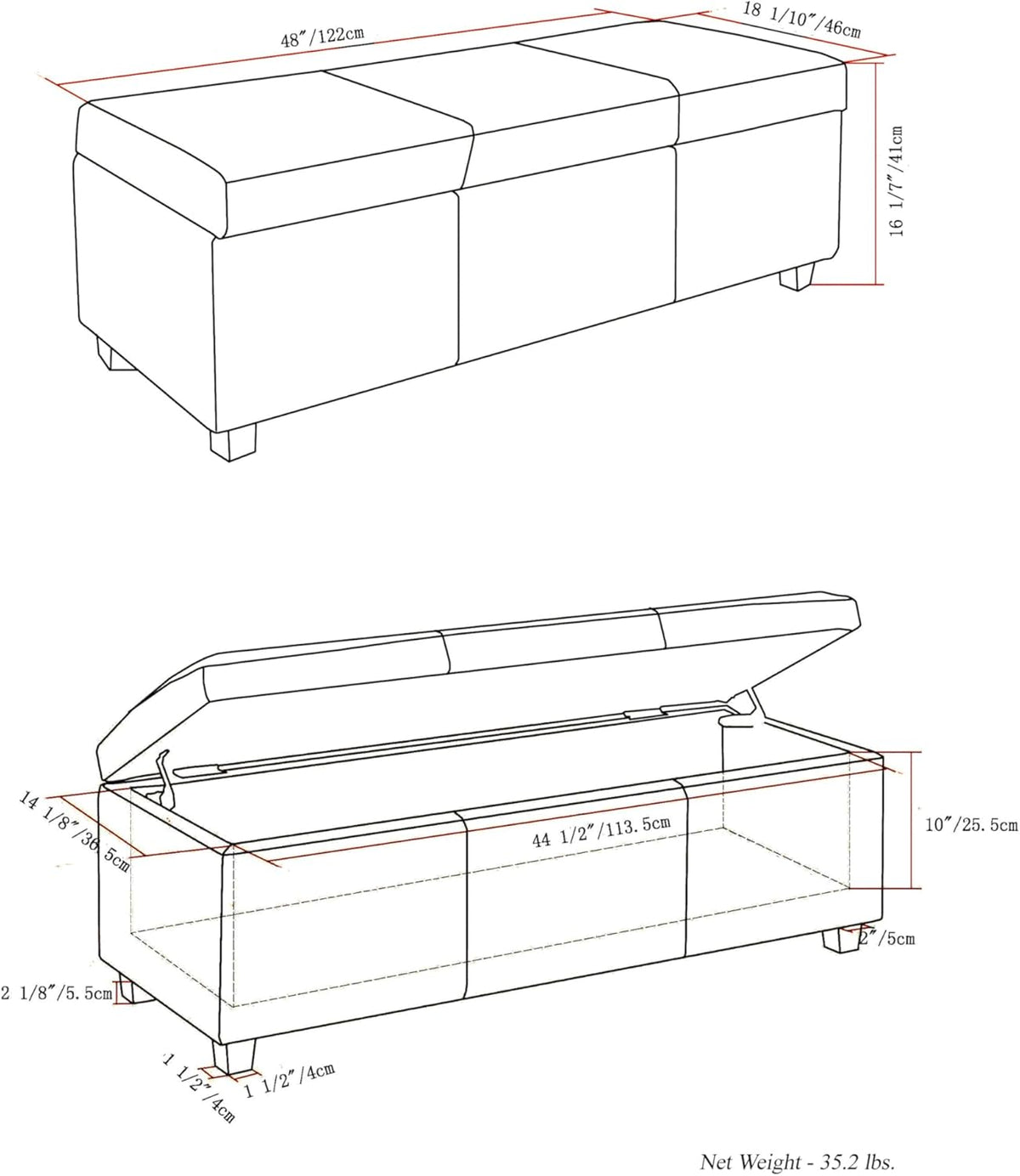 SIMPLIHOME Avalon Storage Ottoman Bench - 48" Wide x 16" High Upholstered Linen Look Fabric Rectangular Lift-Top Ottoman in Slate Grey, Contemporary Bench for Living Room with High-Density Foam