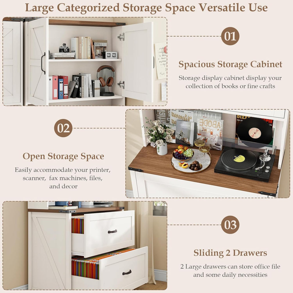 Halitaa Farmhouse 2 Drawer Lateral File Cabinet, Hanging File Storage for Legal/Letter/A4 Size, Adjustable Shelves, Printer Stand with Bookshelf, Rustic White Wood Cabinet for Home Office