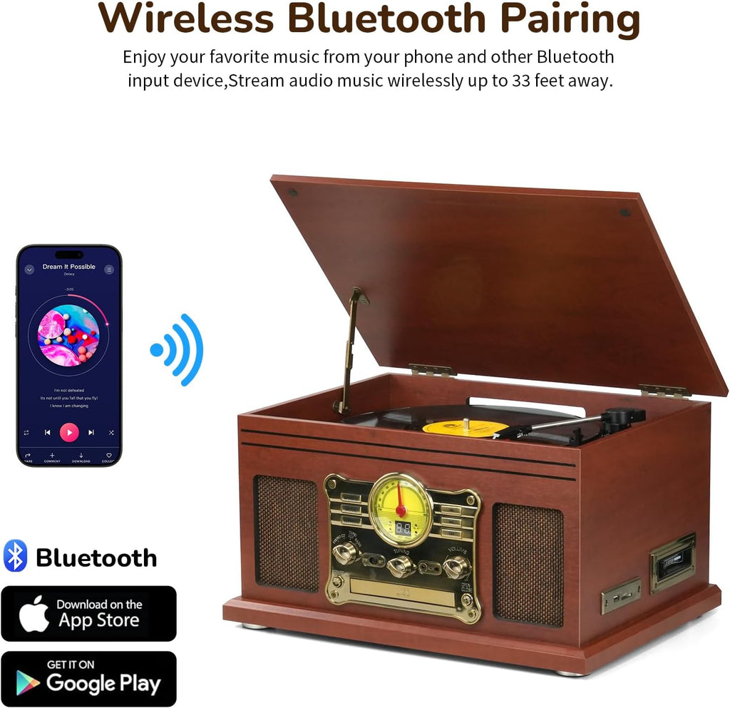 FEKTIK Bluetooth Record Player 10 in 1, 3-Speed Turntable for Vinyl with Speakers, LP to MP3 Converter, CD, Cassette Player, FM Radio, Wireless Streaming | Mahogany