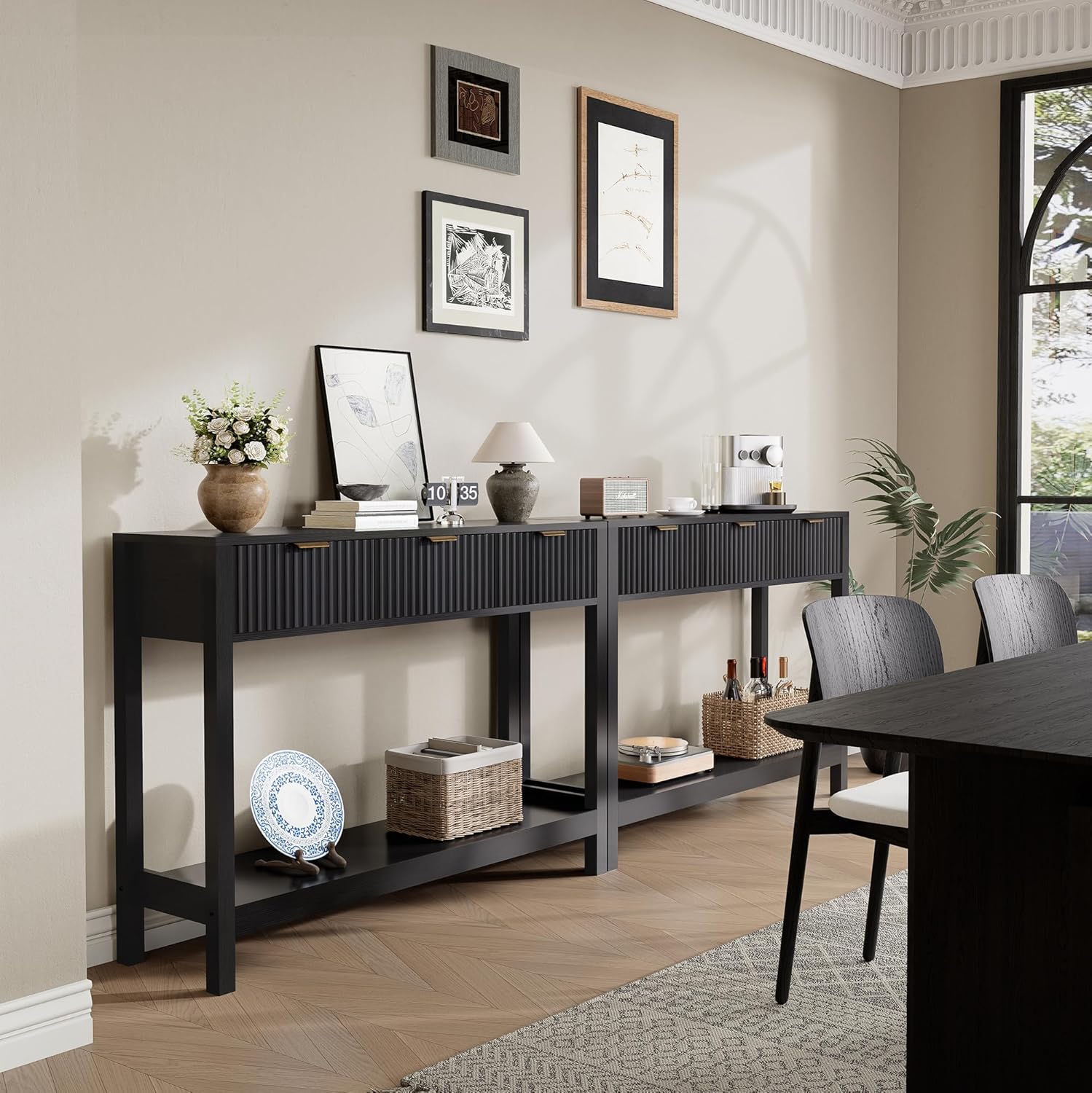 Nasonet Fluted Console Table, Wooden Sofa Table with Storage and Drawers, Farmhouse Behind Couch Table Entryway Table for Entrance, Hallway, Living Room, Black