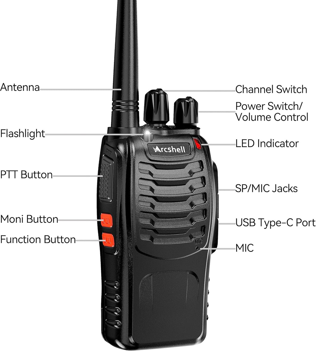 Rechargeable Long Range Two-Way Radios with Earpiece 10 Pack Arcshell AR-5 Walkie Talkies Li-ion Battery and Charger Included (10 Pack)