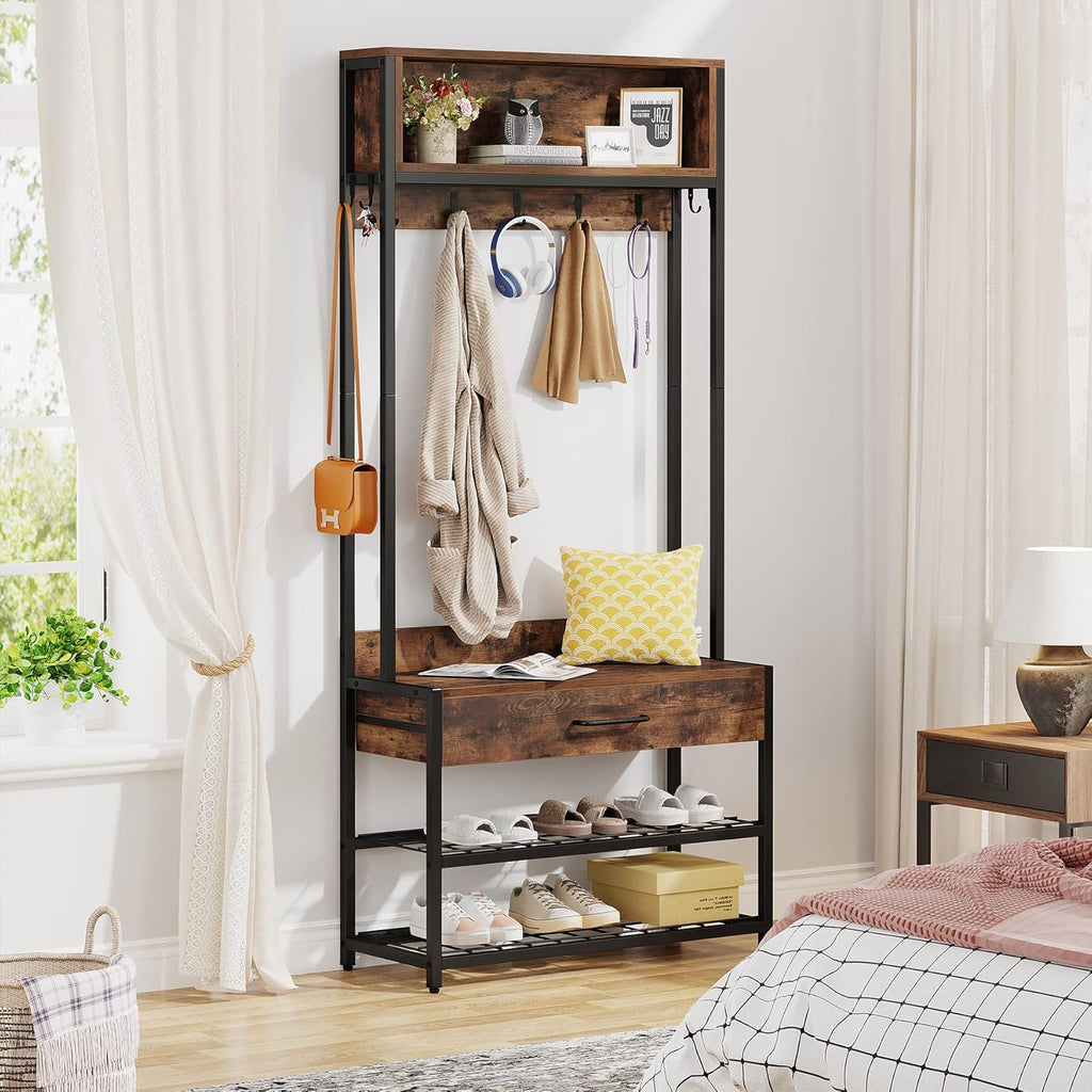 Tribesigns 3-in-1 Entryway Hall Tree with Drawer, Vintage Industrial Coat Rack with Shoe Bench and Hutch, Mudroom Bench with Shoe Storage Rack and 9 Hooks for Living Room Bedroom (Brown)