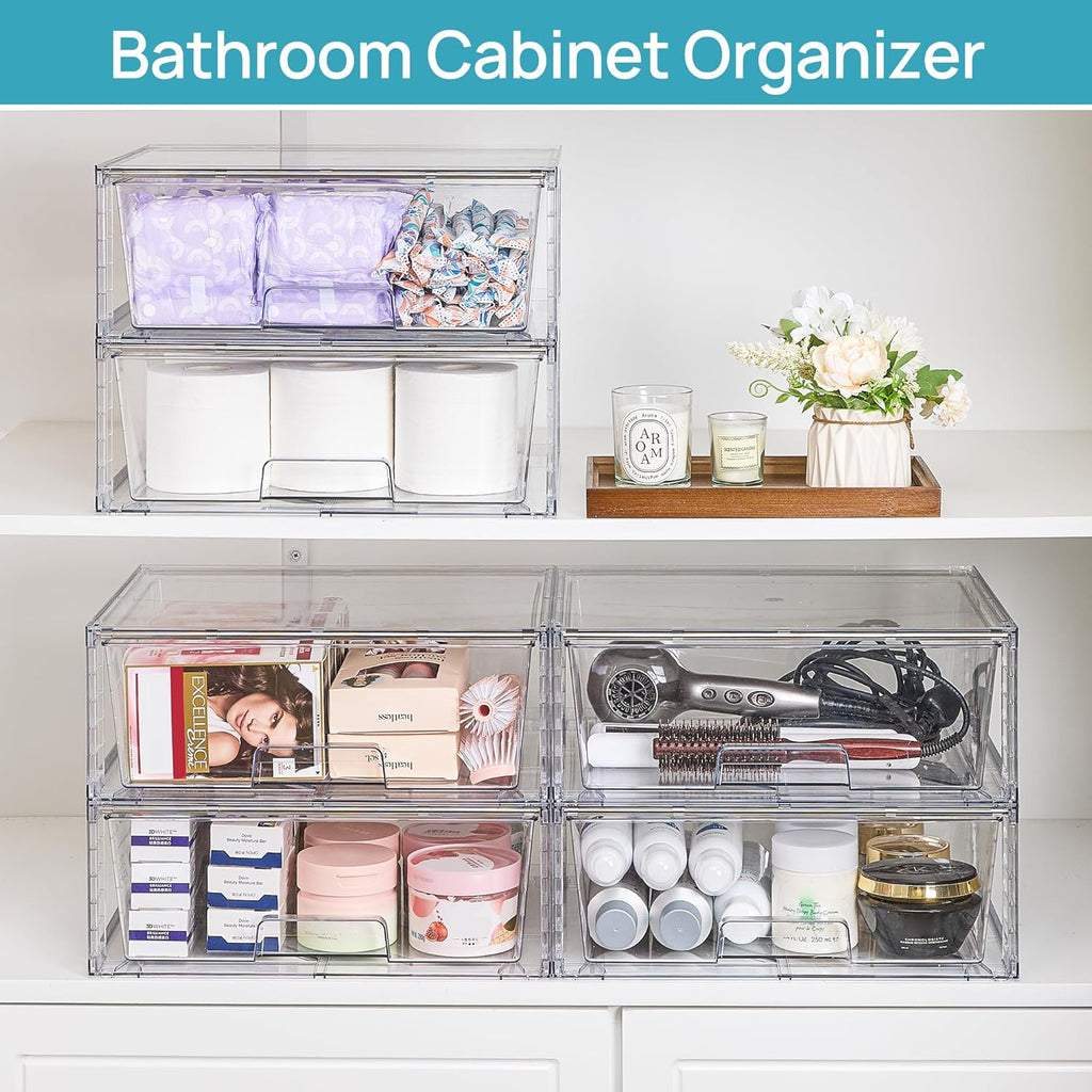 Vtopmart 6 Pack Large Stackable Storage Drawers,Easily Assemble Clear Acrylic Bathroom Closet Undersink Organizers,Plastic Storage Bins for Cabinet,Kitchen Pantry,Medicine Organization