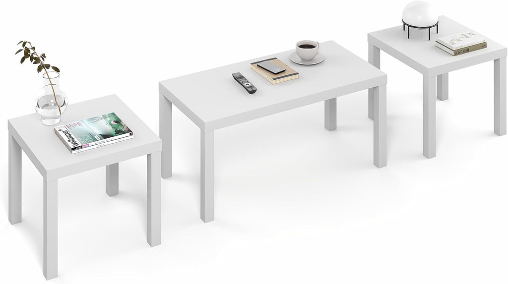 Furinno Classic Living Room Table Set of 3, Modern Rectangle Coffee Table with 2 Square Side Tables, End Tables, 1.8 Inch Thick Tabletop for Living Room, Home Office, White