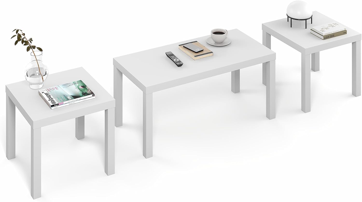 Furinno Classic Living Room Table Set of 3, Modern Rectangle Coffee Table with 2 Square Side Tables, End Tables, 1.8 Inch Thick Tabletop for Living Room, Home Office, White