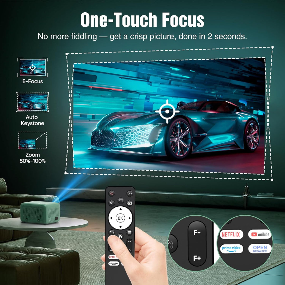 TMY 4K Projector with WiFi Bluetooth, Compatible with Netflix/Prime Video/YouTube, Outdoor Portable Home Theater Movie Projector, Smart Projector for Indoor Outdoor Movies, Gaming and Camping (Green)