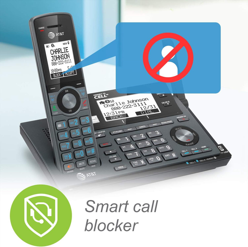 AT&T CLP99387 DECT 6.0 Expandable Cordless Phone with Bluetooth Connect to Cell, Smart Call Blocker and Answering System, Metallic Blue with 3 Handsets