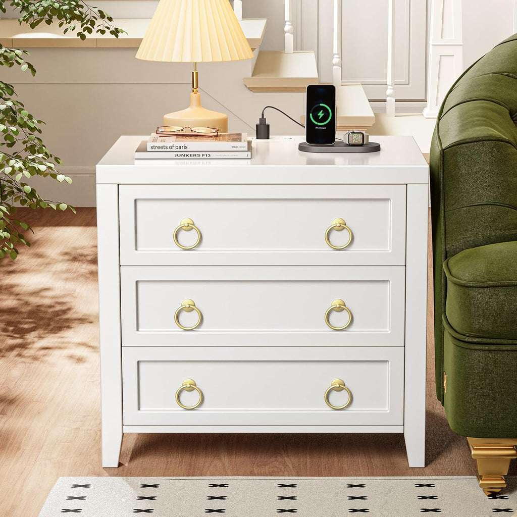 Huuger 23.6 Inch Night Stand with Charger Station and USB-C Port, 3 Drawer Nightstand, Larger Wider Bedside Table, Modern Side End Table, for Bedroom, White Nightstand